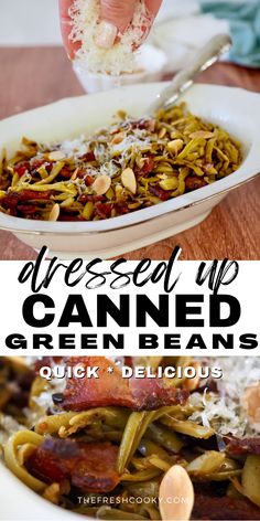 a person scooping some food out of a bowl with the words, freeze up canned green beans quick and delicious