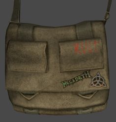 the back side of a bag with patches on it