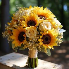 a bouquet of sunflowers and other flowers sits on a wooden table in front of trees