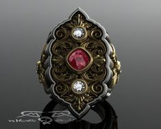 Enormous ladies power ring. The Opia Femme by DeMer Jewelry. Dictionary Of Obscure Sorrows, Royal Rings, Diamond Red, Midnight Garden, Power Ring, Floral Damask, Casual Jewelry, Gold Alloys, Rhodolite Garnet