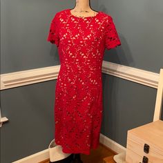 Excellent Condition Red Crochet Lace With Dress With Nude Lining. Heavy Weight To The Dress. Zipper Back And See Thru Cap Sleeve. Perfect For Holiday, Valentine Or Any Special Occasion. Sz 8. Red Fitted Knee-length Lace Dress, Red Knee-length Lace Dress For Formal Occasions, Red Crochet, Crochet Lace Dress, Dress Zipper, Size 8 Dress, Crochet Lace, Cap Sleeve, Heavy Weight