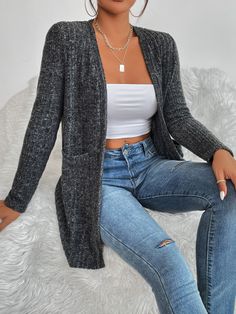 Dark Grey Casual Collar Long Sleeve Fabric Plain Other Embellished High Stretch  Women Clothing Grey Shrug, Women Outerwear, Cardigan Casual, Rib Knit Cardigan, Knitting Women Cardigan, Pocket Cardigan, Casual Vest, Cute Comfy Outfits, Style Cardigan