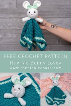 a crocheted bunny holding a blanket with text overlay that says free crochet pattern hug me bunny lovey