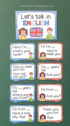 an english speaking poster with four speech bubbles and the words, let's talk in english