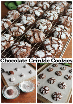 chocolate crinkle cookies are cooling on a rack with powdered sugar in them