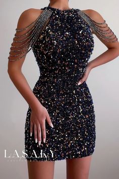 Lasaky - Elegant Halter Neck Body Chain Dress adorned with Crystal Beaded Fringe Gold Sequin Dress Short, Gold Sequin Shorts, Sequin Dress Short, Gold Sequin Dress, Short Party Dress, Sequin Bodycon Dress, Ținută Casual, Modieuze Outfits, Bodycon Dress Parties