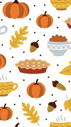 an autumn pattern with leaves, acorns and cupcakes on a white background