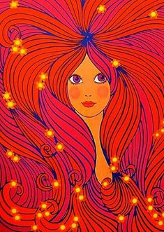 a painting of a woman with long red hair and stars on it's head