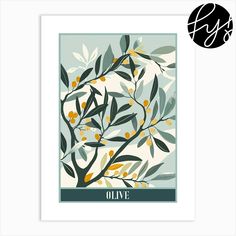 an olive tree with yellow leaves and the word olive on it is shown in black, white