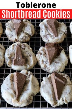 there are several cookies with chocolate on top and the words toblerone shortbread cookies above them