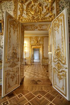 an open door leading to another room with gold decorations on the walls and flooring