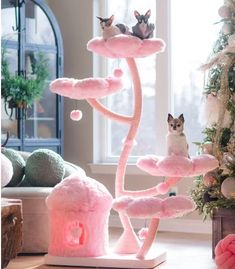 Luxury Cute Multi-layer Pink Wood Floral Cat Tree Tower Modern Cat Climbing Flower Condo Tree With Pink Cat Tree, Cherry Blossom Room, Cat Tower Tree, Flower Cat Tree, Animal Foods, Cat Climbing Tower, Luxurious Garden, Fancy Bedroom, Garden Of Flowers