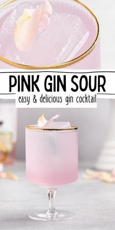 the pink gin sour cocktail is garnished with lemon