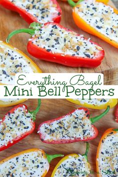 several bell peppers on a cutting board with the words everything bagel mini bell peppers