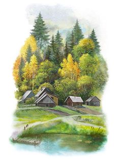 a painting of some houses in the woods