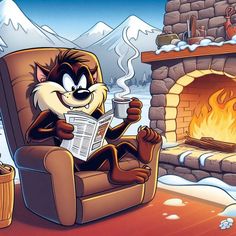 a cartoon cat sitting in a chair reading a newspaper next to a fireplace and holding a cup