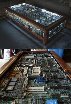 the inside of a computer motherboard is shown in two different pictures, one showing it's components