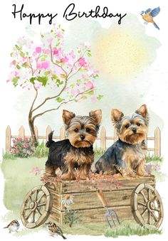 two small dogs sitting on top of a wooden cart