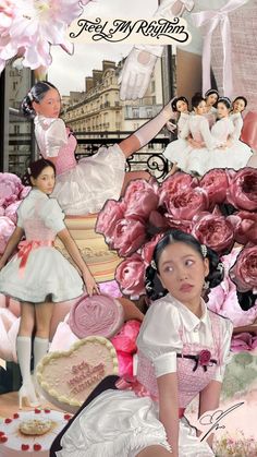 a collage of women dressed in pink and white with flowers on the ground, including roses