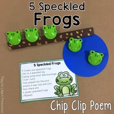 five speckled frogs are placed on top of a clip poem