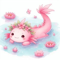 a pink fish with flowers in it's hair floating on top of the water