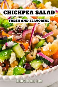 chickpea salad with fresh and flavorful dressing in a white bowl on a table