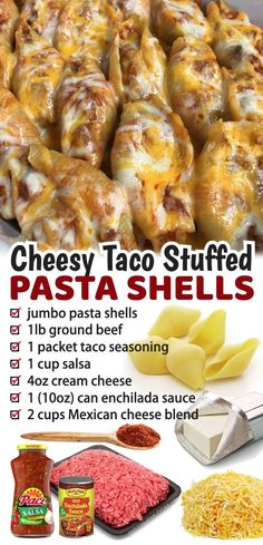 an advertisement for cheesy taco stuffed pasta shells with cheese and other ingredients