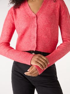 As much a top as it is a cardigan, Lia is crafted with long fitted cuffs to hug the arm and keep you feeling snug. Soft yarns in a bright shade of coral, wear this colour pop cropped cardi on its own or with your favourite jersey basics. Coral Cardigan, Coral Outfit, High Neck Jumper, Color Block Cardigan, She Is Clothed, Oversized Cardigan, Soft Yarn, Dream Wardrobe, Recycled Cotton