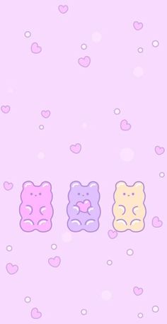 three teddy bears with hearts on a pink background