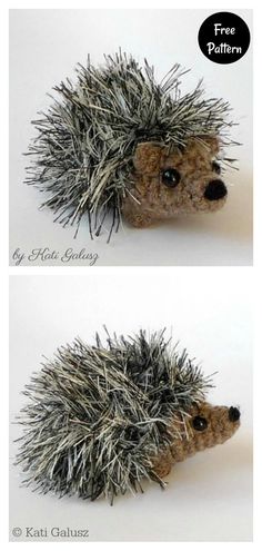 two pictures of a hedgehog made out of yarn