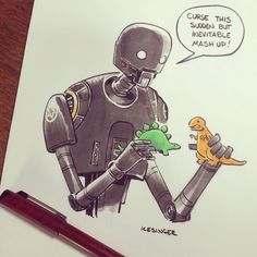 a drawing of a robot holding a dinosaur