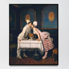 a painting of two people kissing in front of a table with food and fruit on it