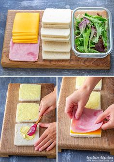 the process for making ham and cheese sandwiches is shown in three different pictures, including one being