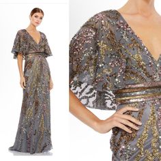 This Striking Evening Gown Features A Low V-Neckline, Sequin-Belted Empire Waist, Short Bell Sleeves, And A Cape-Style Back. The Gown's Mesh Overlay Is Ornately Embellished With Abstractly-Patterned Sequins. Size 4 / Nwt / $698 Mac Duggal Fully Lined 100% Polyester V-Neck Short Sleeve Maxi & Floor Length Approx. 62.5" From Top Of Shoulder To Bottom Hem These Dresses Are Still In Stores, Respectfully I Am Not Entertaining Low Offers. All Sales Final. Turkish Outfit, Short Bell Sleeves, Clothes For Women Over 50, Mac Duggal Dresses, Bespoke Fashion, Cape Style, Evening Gown Dresses, Guest Attire