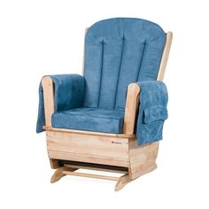 a wooden rocking chair with blue fabric on it