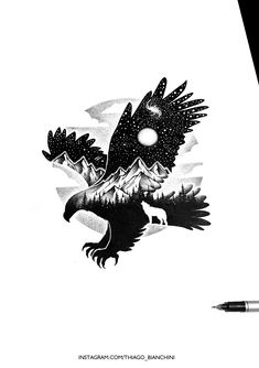 an eagle flying through the air with mountains and stars in the sky behind it on a white background