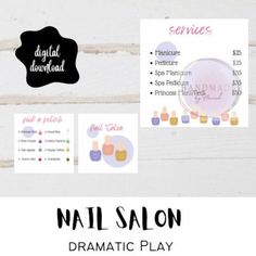 the nail salon flyer is displayed on a white wooden background with various items to choose from