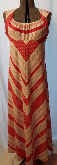 "Fun Maxi striped original dress.  Empire waist 30\"  from waist to floor 43\"  shoulder to waist 12\"  bust 32B" Rain Dress, Dress Empire Waist, Red Maxi Dress, Full Length Coat, Red Maxi, Red Dress Maxi, Maxi Robes, Women Maxi, Navy Women