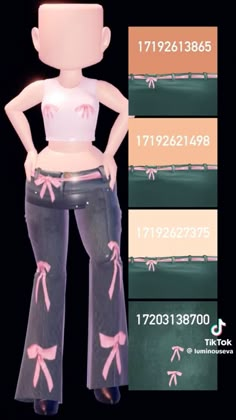 a woman in jeans with pink bows on her waist and the numbers behind her back