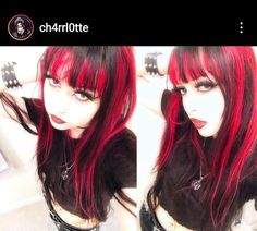 Red Hair With Black Stripes, Red And Black Hair With Bangs, Chunky Red Highlights On Dark Hair, Red Hair With Black Roots, Red Skunk Hair, Black Emo Hair, Red Hair Streaks, Emo Hair Color, Black Hair Art