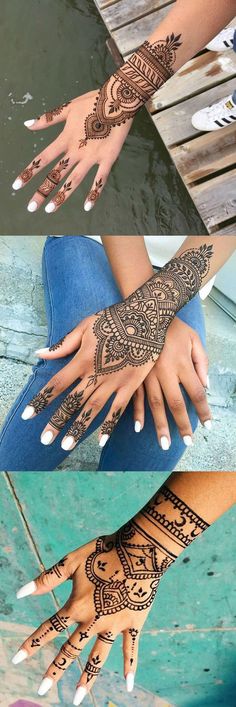 two hands with henna tattoos on them, one is white and the other is black