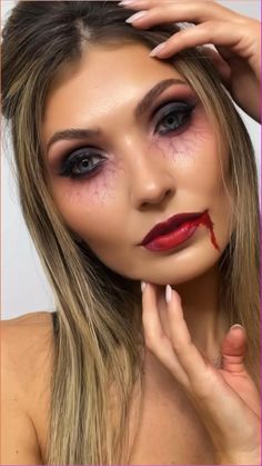 Vampire Cheerleader Makeup, Easy Halloween Vampire Makeup, Vampire Diaries Eyes Veins Makeup, Simple Vampire Costume Diy, Zombie Bride Makeup Halloween, Easy Vampire Face Paint, Vampire Veins Under Eyes, Vampire Makeup For Girls Kids, Vampire Makeup Veins