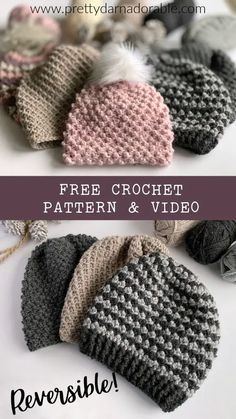 crocheted hats and mittens with text overlay that says free crochet pattern & video