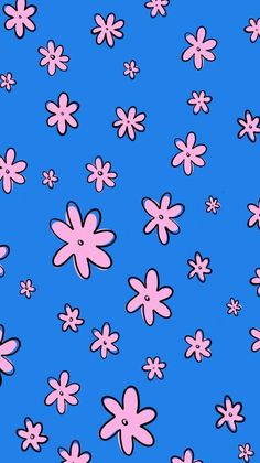 pink flowers on a blue background with small white dots in the bottom right hand corner