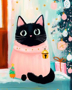 a painting of a black cat wearing a pink sweater next to a christmas tree and presents