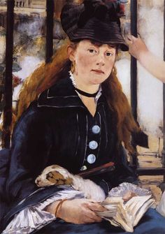 a painting of a woman with long hair and a black hat sitting on a bench