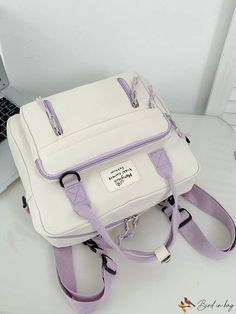 BirdinBag - Versatile Letter Patch Decor Backpack for Students in College, High School, Ideal for Travel & School Multifunctional Purple School Bag, Purple Bags With Large Capacity For Study, Large Capacity Purple Rectangular Backpack, Rectangular Purple Backpack For Study, Purple Rectangular Backpack For Study, White Multifunctional Backpack, Purple Rectangular Backpack For Daily Use, Patch Backpack, Backpack Patches