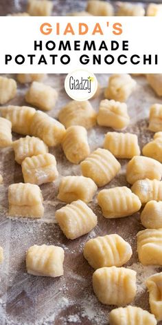 homemade potato gnocchini on a baking sheet with text overlay that reads, giada's homemade potato gnocchini