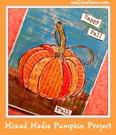 mixed media pumpkin project for kids with the words happy fall written in orange and blue