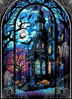 a painting of a creepy house in the night with spooky trees and bats